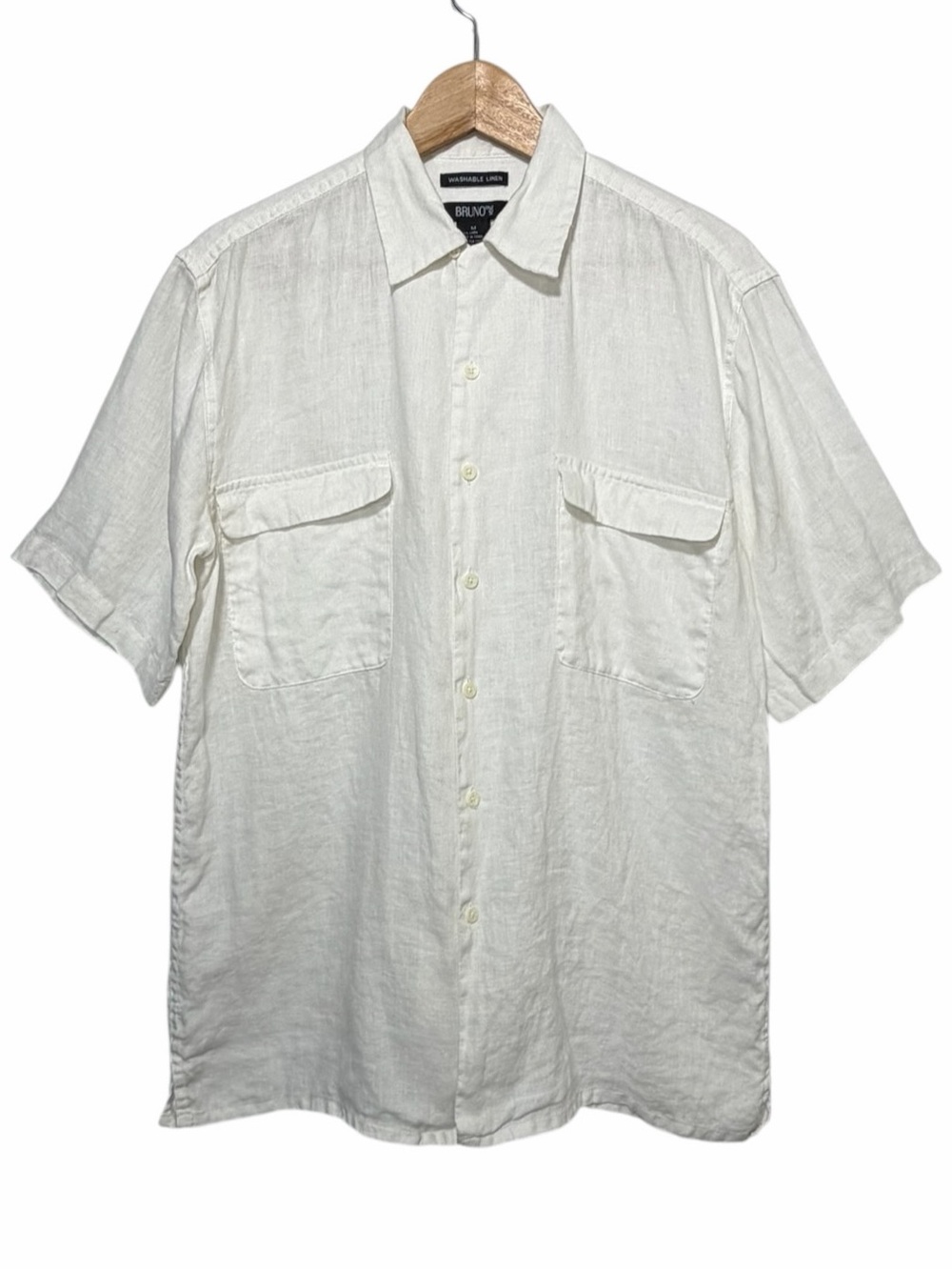 Bruno Mens M White 100% Linen Button-Up Short Slv Shirt Relaxed Chest Pockets